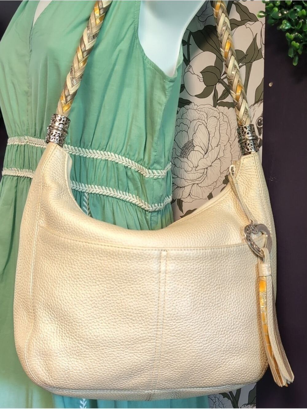 Pearl Pebble Leather W/ Purple Liner & Braided  Handle Bag By Brighton -Barbados